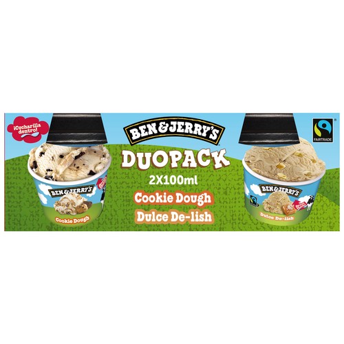 BEN & JERRY"S Duo pack Mini tarrinas de helado de masa de galletas y dulce de leche 2 x 100 g.