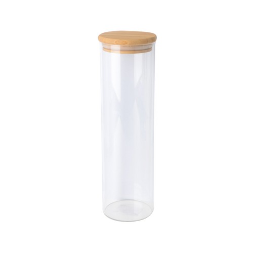 Bote de cocina de vidrio con tapa de madera, capacidad 1,2 litros, H: 27,5cm, A: 8,3cm, ACTUEL.