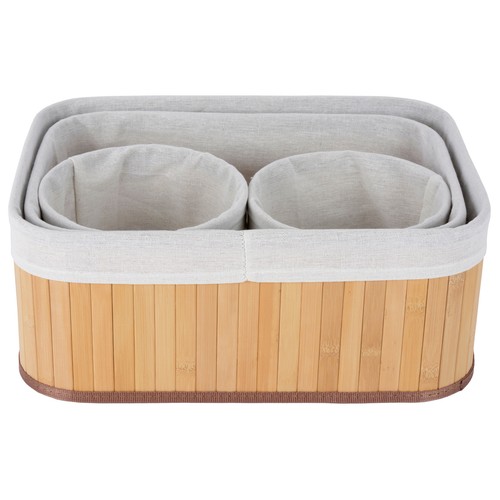 Set de 4 cestas multiúsos de bambú con recubrimiento de tela, color madera, ORDENACIÓN.