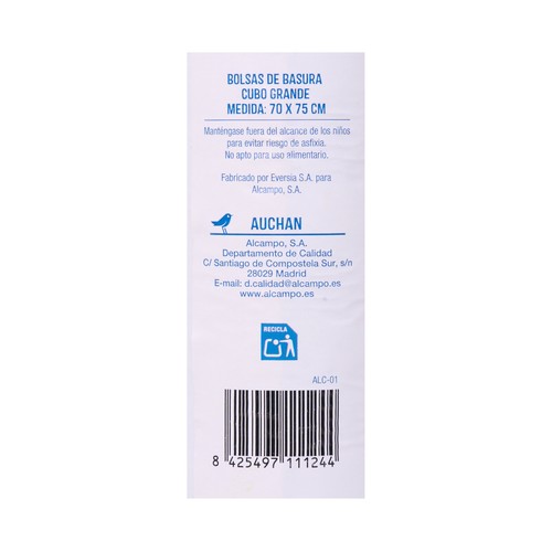 PRODUCTO ALCAMPO Bolsas de basura con autocierre capacidad. azul 50 litros 70 x 75 cm 15 uds.