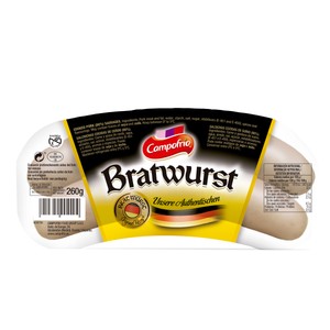 Imagen de CAMPOFRÍO Salchichas cocidas Bratwurst tipo Aleman, elaboradas sin gluten CAMPOFRÍO 260 g.