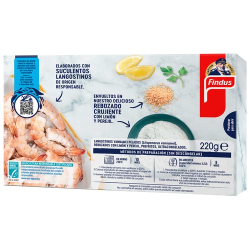 FINDUS Selección del capitán Langostinos (ASC) con rebozado crujiente, limón y perejil 220 g.