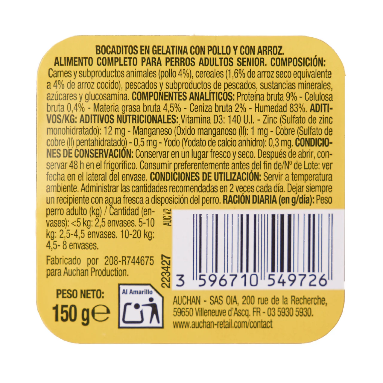 PRODUCTO ALCAMPO Trocitos en gelatina para perros adultos, con pollo y arroz 150 g.