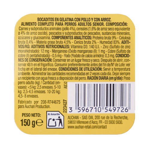 PRODUCTO ALCAMPO Trocitos en gelatina para perros adultos, con pollo y arroz 150 g.