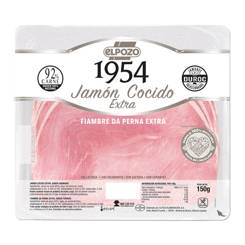 EL POZO 1954 Jamón cocido de categoria extra, sin lactosa, ni colorantes cortado en lonchas 150 g.