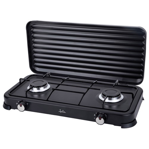Cocina gas portátil JATA JECG2702 2 quemadores, tapa protectora extraíble.