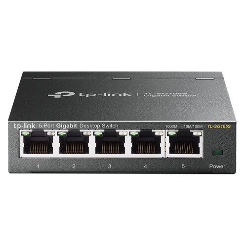 Switch TP-LINK TL-SG105S, 5 puertos Ethernet RJ45, 10/100/1000 Mbps.