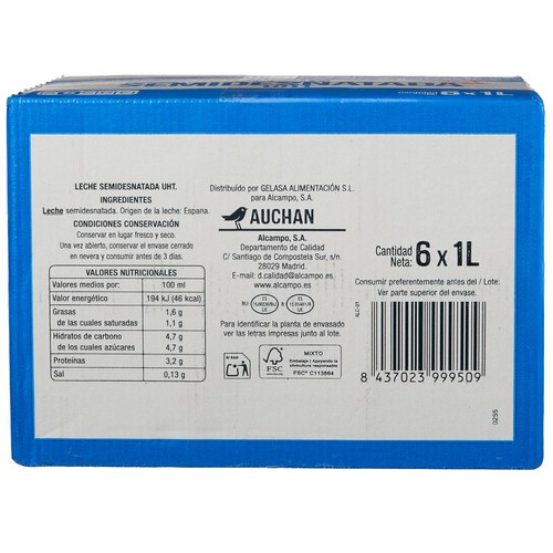 AUCHAN Leche semidesnatada de vaca 6 x 1 l Producto Alcampo.