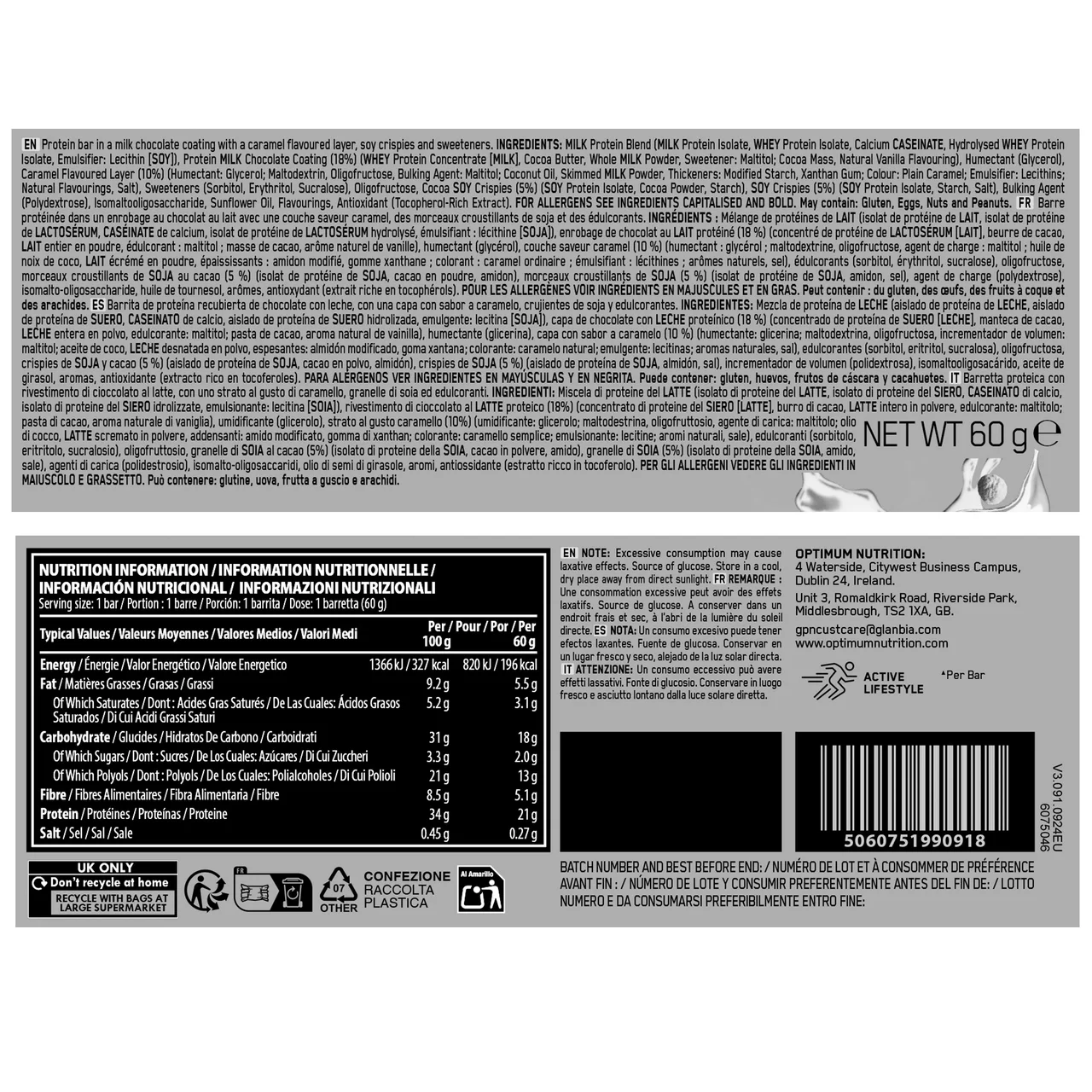 Barrita de proteínas sabor chocolate y caramelo 60gr