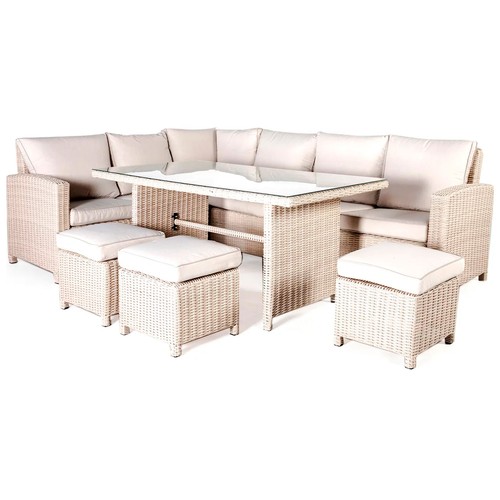 Conjunto 6 piezas con 2 sofás, 3 taburetes y mesa de aluminio y ratán color beige/blanco, incluye cojines, Estocolmo KACTUS REPUBLIC.