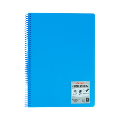 Cuaderno A4 con tapa de polipropileno, 80 hojas de 90 gr, color azul, ALCAMPO.