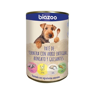 Alimentación para perro en lata con sabor a paté de ternera con arroz integral boniato y guisantes 395 g