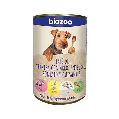 BIAZOO Alimentación para perro en lata con sabor a paté de ternera con arroz integral boniato y guisantes 395 g
