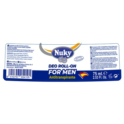 NUKY Desodorante roll on para hombre con protección antitranspirante 75 ml.