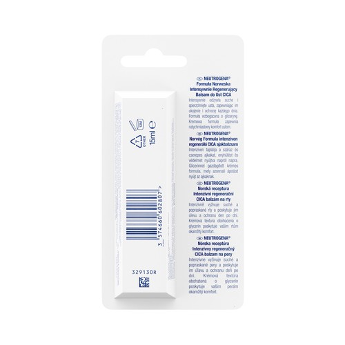 NEUTRÓGENA Bálsamo labial Cica fórmula noruega, reparación intensa para labios secos y dañados.