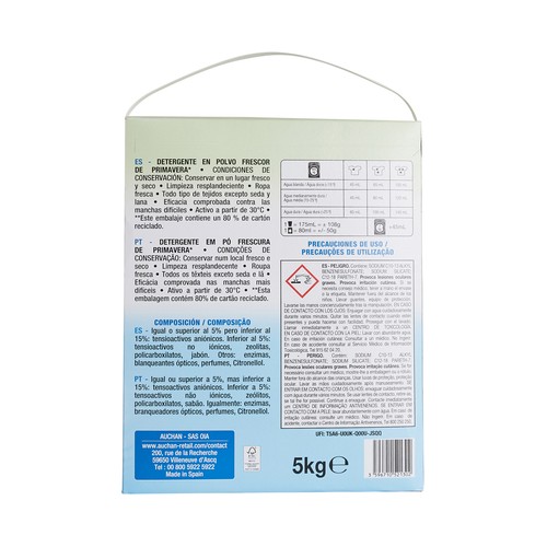 PRODUCTO ALCAMPO Detergente en polvo fresco y limpio 100 dosis 5 Kg.