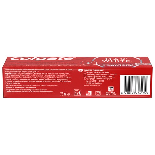 COLGATE Max white Pasta de dientes, acción blanqueante y protectora, sabor a menta 75 ml.