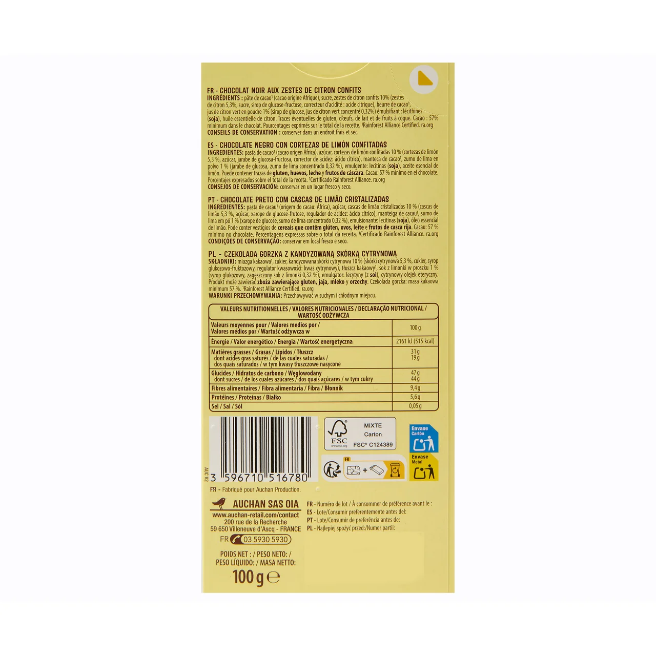 PRODUCTO ALCAMPO Chocolate negro con limón 100 gr.