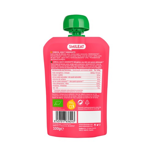 SMILEAT Ecológico Bolsita de fruta ecológica (cereza, acai y amaranto), a partir de 6 meses 100 g.
