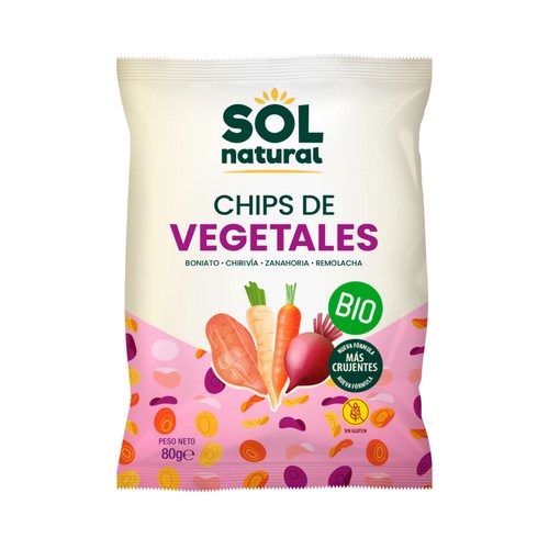 SOL NATURAL Chips de vegetales ecológicos (boniato, chirivía, zanahoria y remolacha) 80 g.