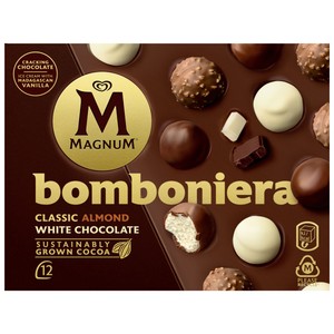 MAGNUM de Frigo Bombones de helado de vainilla, recubiertos de chocolate blanco, con leche y almendrado 12 uds.168g