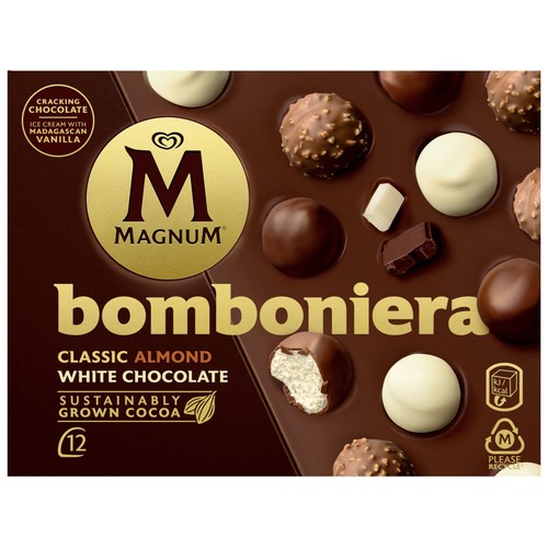 MAGNUM de Frigo Bombones de helado de vainilla, recubiertos de chocolate blanco, con leche y almendrado 12 uds.168g
