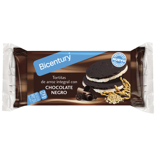 Tortitas de arroz integral con chocolate negro BICENTURY, 130 g.