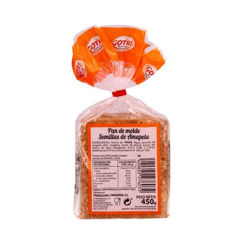 GOTRI Tradi Pan Gourmet Pan de molde con semillas de amapola 450 g.