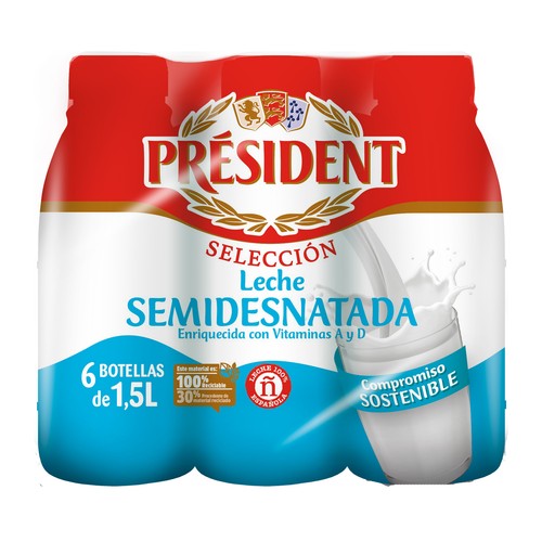 PRÉSIDENT Leche semidesnatada de vaca de origen 100% español 6 x 1.5 l.