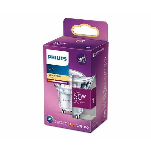 Bombilla Led GU10, 4,6W=50W, luz cálida 2700K, 355lm, PHILIPS.