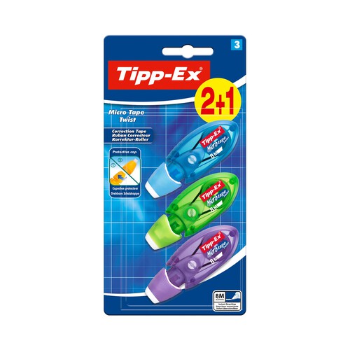 Lote de 3 cintas correctoras con tapa protectora y medidas 8 m x 5 mm TIPP-EX Microtape.