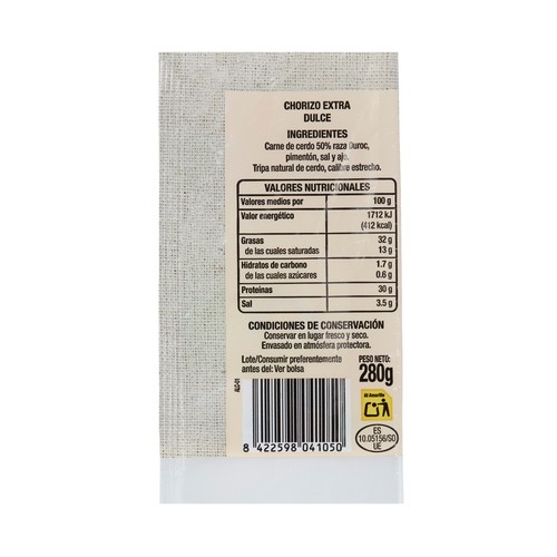 ALCAMPO CULTIVAMOS LO BUENO  Sarta de chorizo dulce de categoría extra (50% raza Duroc)  280 g.
