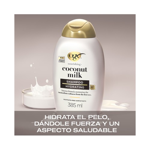 OGX Champú hidratante con leche y aceite de coco, para cabellos secos 385 ml.