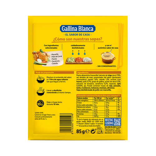 GALLINA BLANCA Sopa de pollo con maravilla GALLINA BLANCA sobre de 85 g.