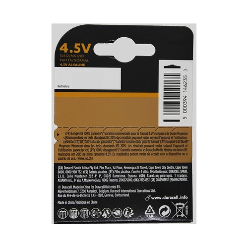 Pila alcalina de petaca, 4,5V, 3LR12, DURACELL Plus.