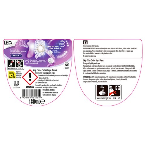 SKIP Detergente líquido para ropa blanca, eficacia express, especial ciclos cortos 37 lavados.