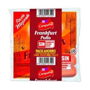 CAMPOFRÍO Salchichas cocidas de pollo sabor ahumado, tipo Frankfurt CAMPOFRÍO 3 x 140 g.