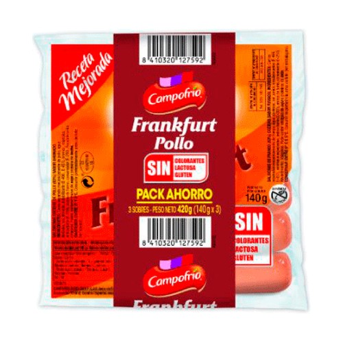 CAMPOFRÍO Salchichas cocidas de pollo sabor ahumado, tipo Frankfurt CAMPOFRÍO 3 x 140 g.