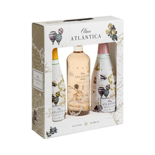 ALMA ATLÁNTICA  Estuche con vino blanco espumos albariño, vino rosado espumoso (Méncía) y vino rosado.