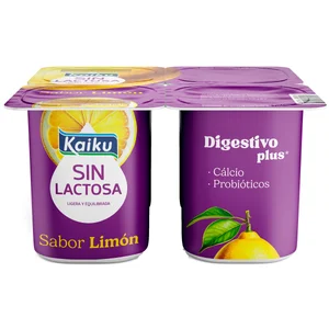 KAIKU Digestivo Plus Yogur de limón sin lactosa, con calcio y probióticos 4 x 125 g.