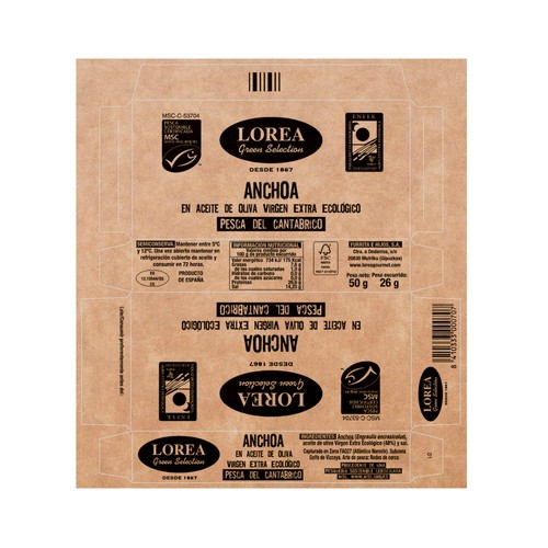 LOREA Filetes de anchoas del Cantábrico en aceite virgen extra ecológico Green Selection MSC (Pesca sostenible certificada)LOREA