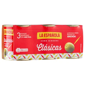 LA ESPAÑOLA Aceitunas verdes rellenas de anchoa LA ESPAÑOLA Clásicas pack de 3 latas de 50 g.