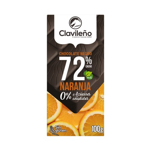 Chocolate extrafino puro 72% cacao y naranja, con Estevia CLAVILEÑO 100 g.