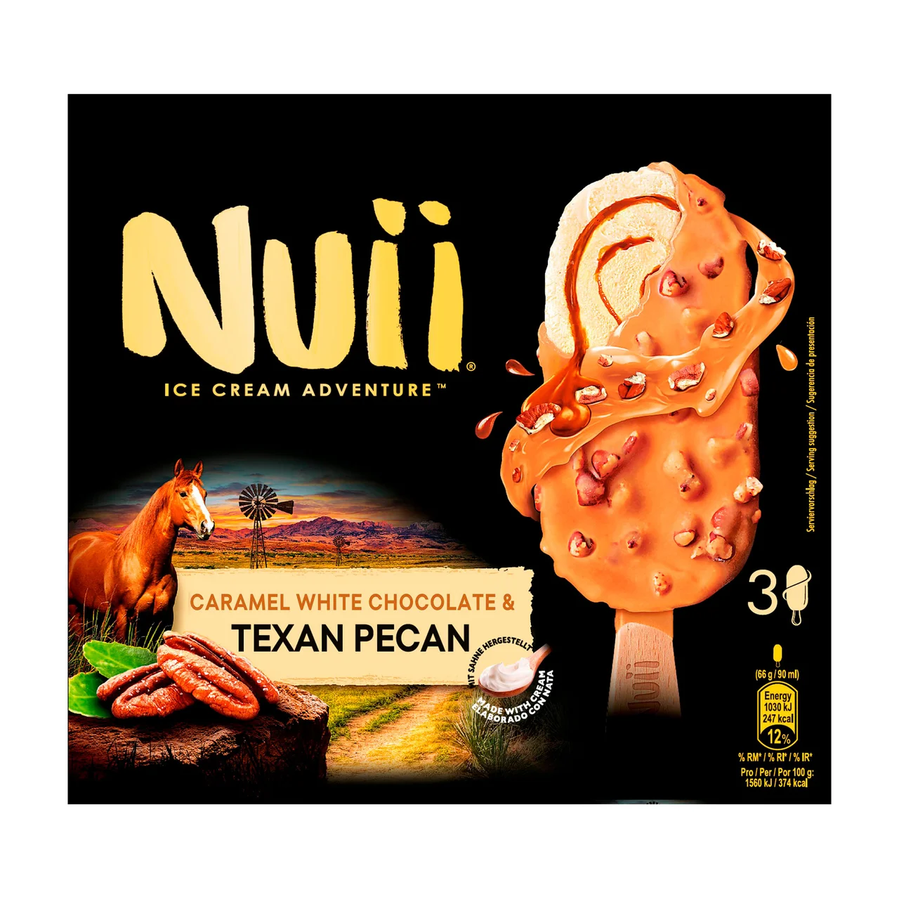 Bombón helado de vainilla con salsa de caramelo, recubierto de chocolate blanco y tozos de nueces pecanas 3 x 90 ml.