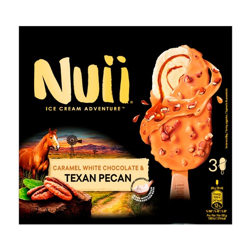 NUII Bombón helado de vainilla con salsa de caramelo, recubierto de chocolate blanco y tozos de nueces pecanas 3 x 90 ml.