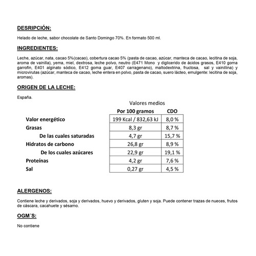 LA COLMENAREÑA Tarrina de helado cremoso de chocolate (70%) de Santo Domingo 500 ml.