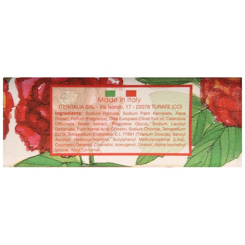 ITERITALIA Pastilla de jabón de origen vegetal, aceite de oliva y extracto de caléndula y con aroma a Peonia ITERITALIA Fiori d´italia 200 g.