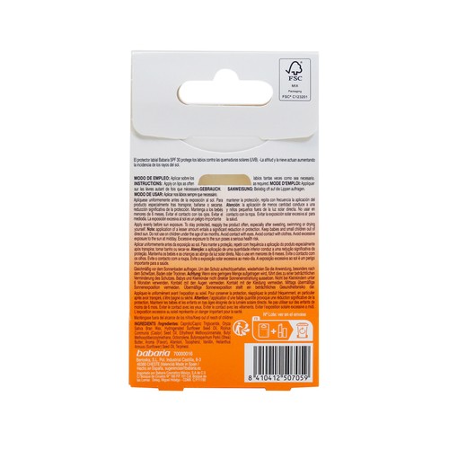 BABARIA Protector solar labial con aloe vera y FPS 30 (alto).