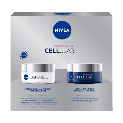 NIVEA Cellular Expert Filler Caja con crema de día y crema de noche con ácido Hialurónico y ácido fólico.