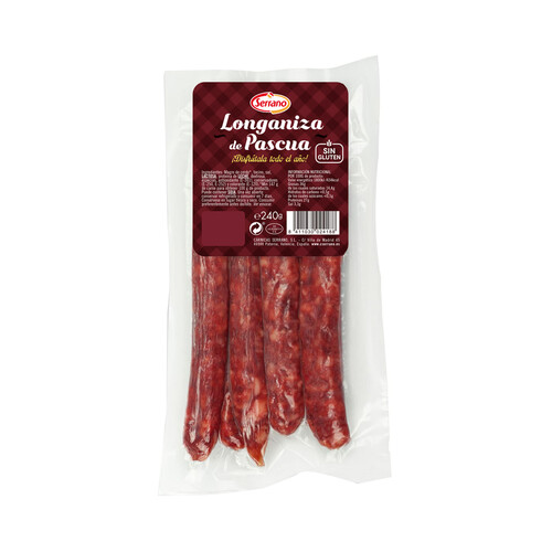 Longaniza de Pascua, elaborada sin gluten y envasada al vacio SERRANO 240 g.